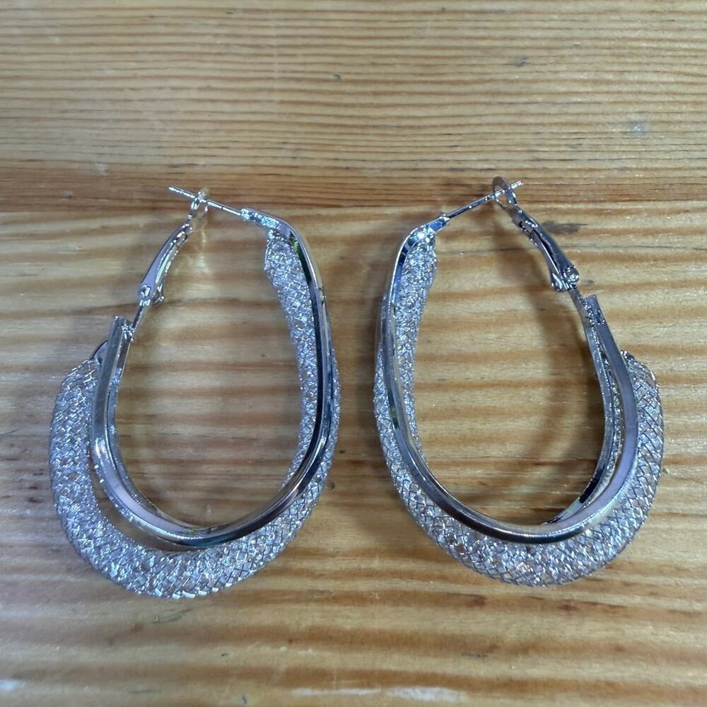Silver Mesh Twisted Double Hoop Earrings Clear CZ Rhinestone Statement 2"